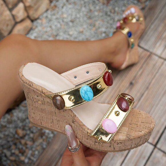 Gold Bohemian Women's Criss-Cross beaqded detailed Wedge Sandals - Picture 3 of 6